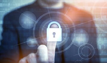 Network Safety Concept with Businessman Touching Closed Padlock as Symbol of Security. Internet Security Technologies. Password Access Protection.
